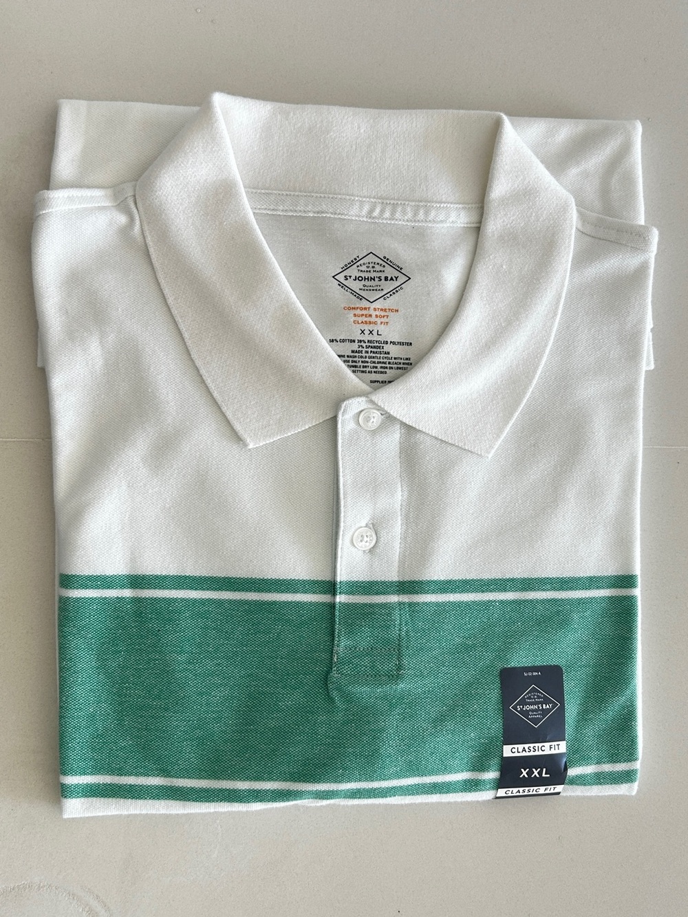 St. John's Bay White Polo with Green Chest Stripe - Classic Fit